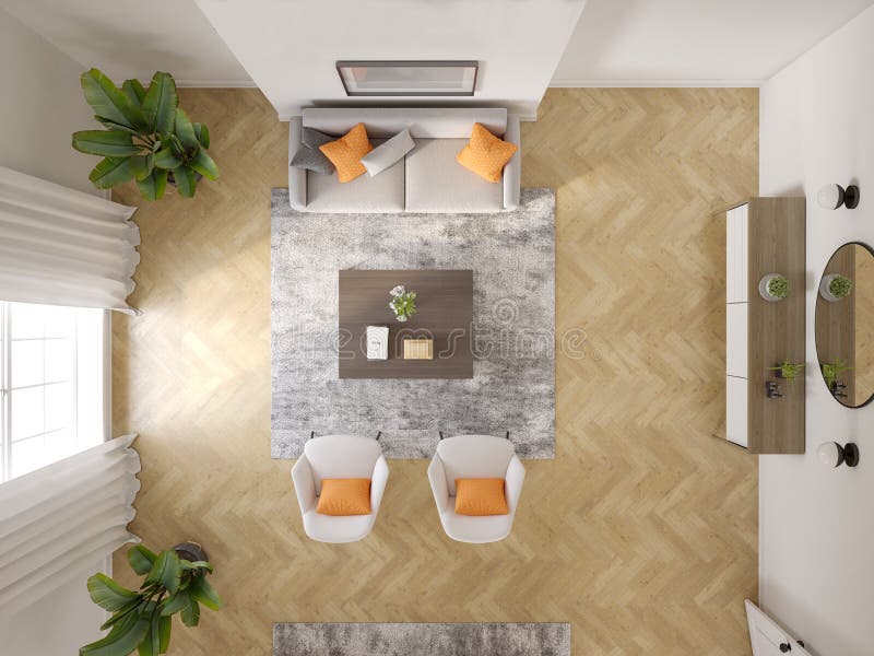 Rendering 3d dell'interno minimalista della vista superiore del moderno salotto illustrazione vettoriale