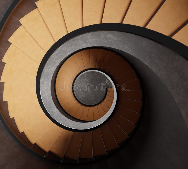 Rendering 3d della vista superiore della scala a spirale. illustrazione digitale delle scale in legno curve che scendono illustrazione vettoriale