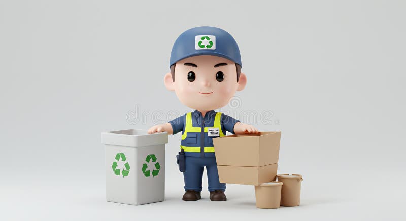 Rendering 3D di Chibi con successo isolato sul bianco. Renditore 3D di un lavoratore di riciclaggio ChibiStyle. Un personaggio cartoonico allegro con grandi occhi e caratteristiche semplici è mostrato in un'uniforme blu con strisce gialle riflettenti un cappuccio blu con un simbolo di riciclaggio e sta selezionando materiali riciclabili vicino a un contenitore per il riciclaggio. Lo sfondo è bianco chiaro. Lo stile generale è minimalista e luminoso