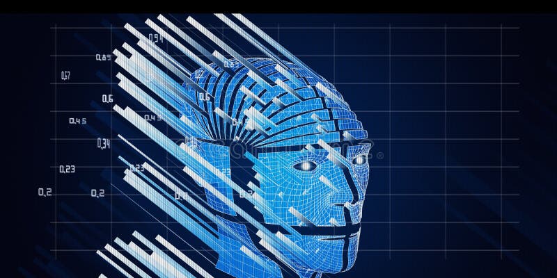 Rendering 3d di sfondo astratto con testa umana wireframe cyborg. robot poligonale con linee bluse e lenti di effetti illustrazione di stock