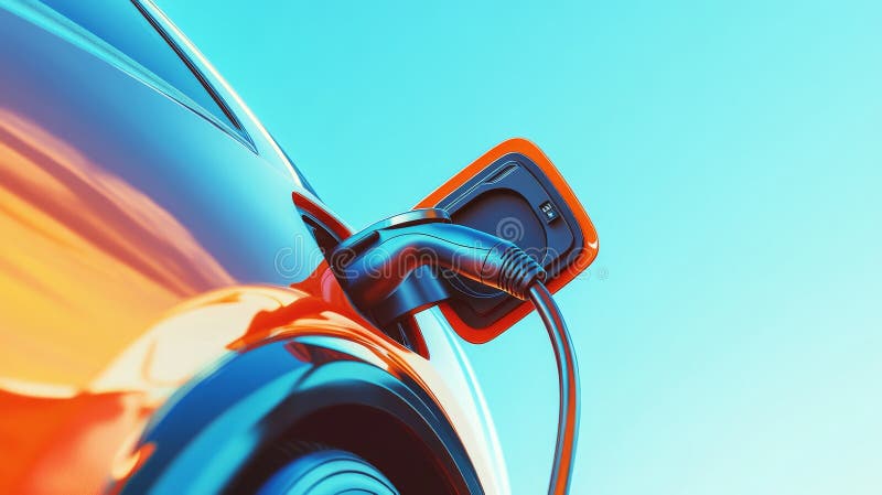Rendering 3d di un'auto elettrica con caricabatterie isolato su fondo blu. immagine di magazzino. illustrazione vettoriale