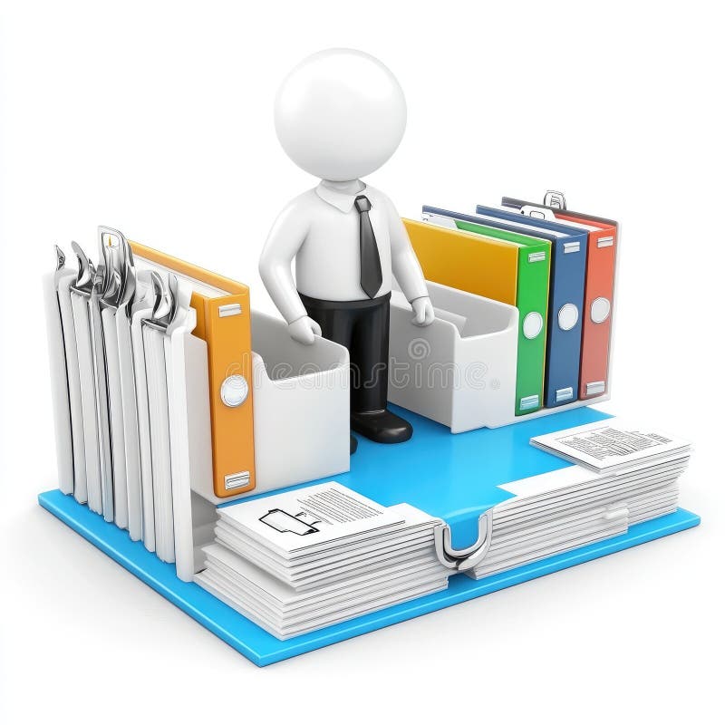 Rendering 3D di un imprenditore che organizza file e documenti illustrazione vettoriale