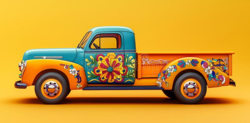 Rendering 3d di un pickup colorato con fiori su fondo giallo. illustrazione di stock