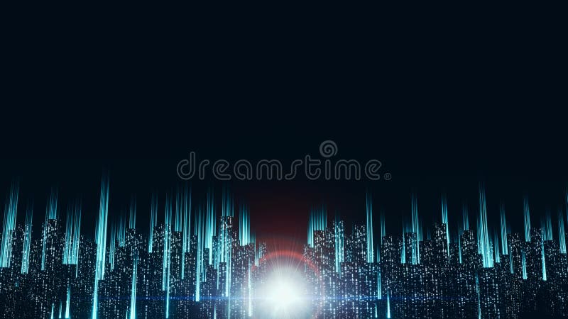 Rendering 3D di una città binaria digitale astratta con fasci luminosi royalty illustrazione gratis