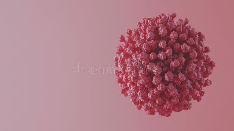 Rendering 3D di una particella virale. L'immagine presenta un rendering 3D di un virus raffigurato in un colore di colore rapinato. Il virus è composto da numerose sporgenze arrotondate che le danno un aspetto sferico. Il virus viene impostato su uno sfondo sfumato che passa da un rosa più chiaro in alto a un rosa più scuro in basso. L'immagine è priva di testo o altri oggetti che si concentrano esclusivamente sul virus e sulla sua rappresentazione visiva. Generato dall'AI