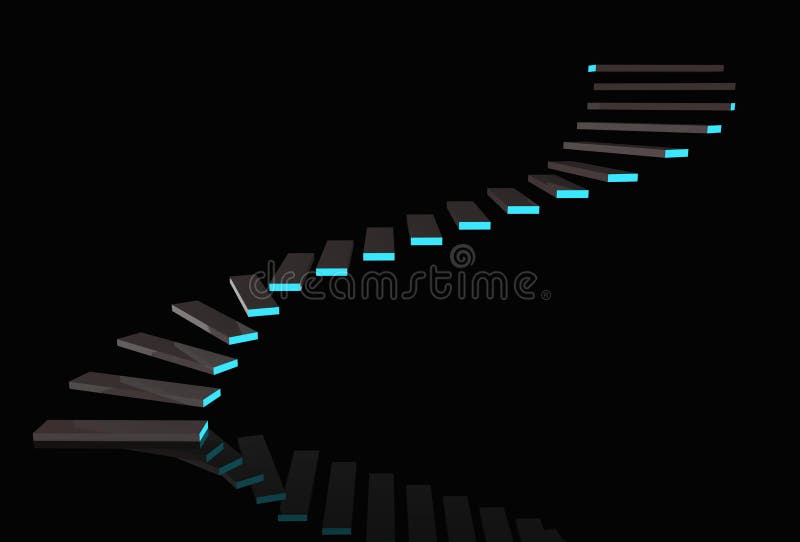 Rendering 3D. gradini scuri moderni con luce blu sullo sfondo nero dello spazio illustrazione di stock
