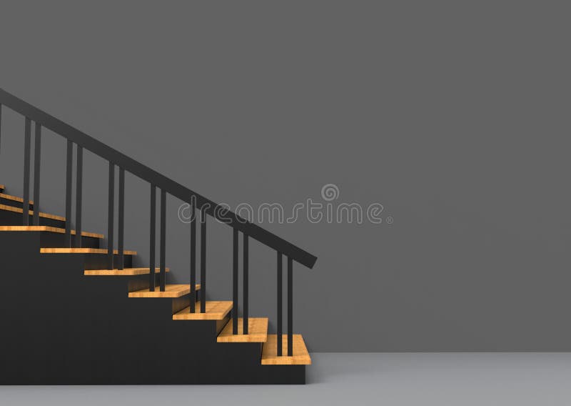 Rendering 3D. pannello in legno sulle scale nere con spazio vuoto parete grigia come sfondo illustrazione vettoriale