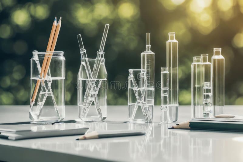 Rendering of Laboratory Table with Notebook Pencil Microscope and Test Tubes. stock illustration.