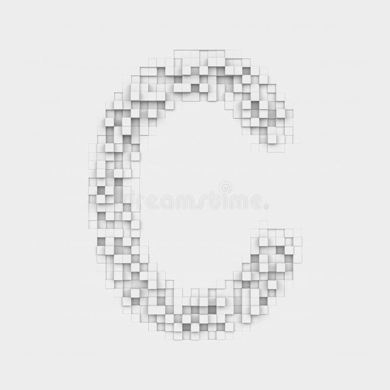 3d rendering of large letter C made up of white square uneven tiles on white background. Letters and numbers. Symbolism. Alphabet. 3d rendering of large letter C made up of white square uneven tiles on white background. Letters and numbers. Symbolism. Alphabet.