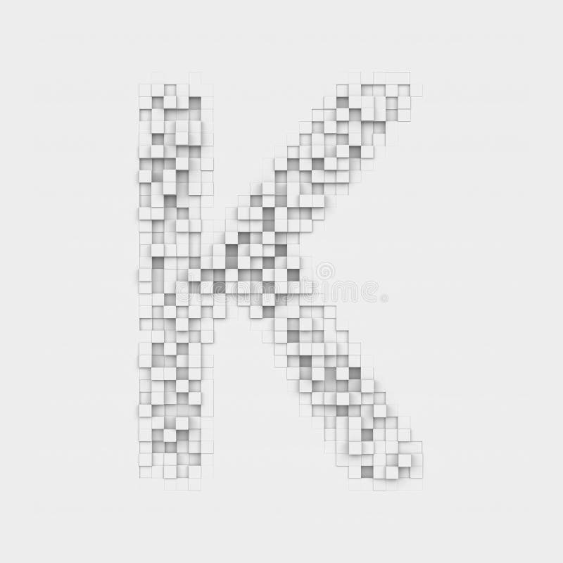 3d rendering of large letter K made up of white square uneven tiles on white background. Letters and numbers. Symbolism. Alphabet. 3d rendering of large letter K made up of white square uneven tiles on white background. Letters and numbers. Symbolism. Alphabet.