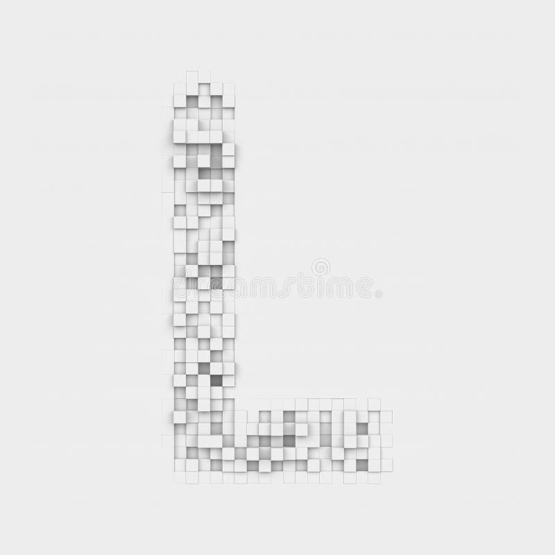 3d rendering of large letter L made up of white square uneven tiles on white background. Letters and numbers. Symbolism. Alphabet. 3d rendering of large letter L made up of white square uneven tiles on white background. Letters and numbers. Symbolism. Alphabet.