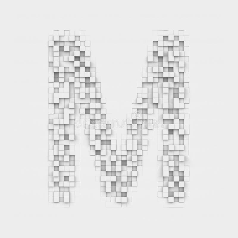 3d rendering of large letter M made up of white square uneven tiles on white background. Letters and numbers. Symbolism. Alphabet. 3d rendering of large letter M made up of white square uneven tiles on white background. Letters and numbers. Symbolism. Alphabet.