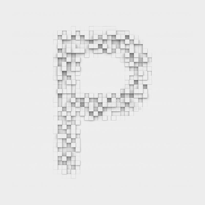 3d rendering of large letter P made up of white square uneven tiles on white background. Letters and numbers. Symbolism. Alphabet. 3d rendering of large letter P made up of white square uneven tiles on white background. Letters and numbers. Symbolism. Alphabet.