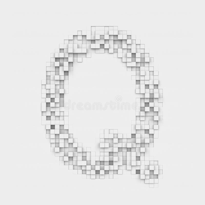 3d rendering of large letter Q made up of white square uneven tiles on white background. Letters and numbers. Symbolism. Alphabet. 3d rendering of large letter Q made up of white square uneven tiles on white background. Letters and numbers. Symbolism. Alphabet.