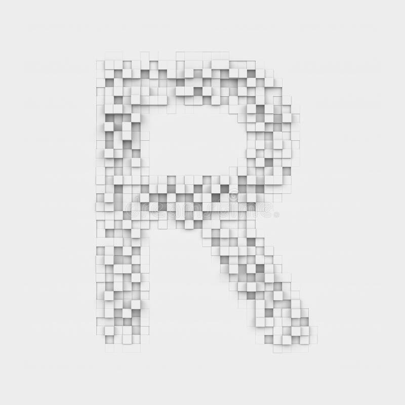 3d rendering of large letter R made up of white square uneven tiles on white background. Letters and numbers. Symbolism. Alphabet. 3d rendering of large letter R made up of white square uneven tiles on white background. Letters and numbers. Symbolism. Alphabet.