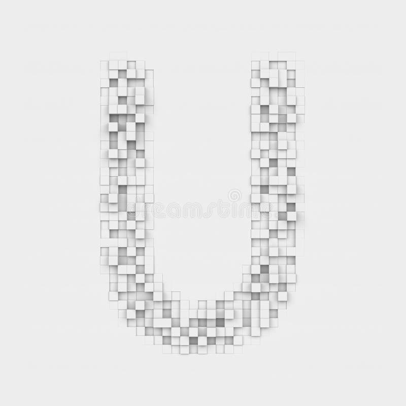 3d rendering of large letter U made up of white square uneven tiles on white background. Letters and numbers. Symbolism. Alphabet. 3d rendering of large letter U made up of white square uneven tiles on white background. Letters and numbers. Symbolism. Alphabet.