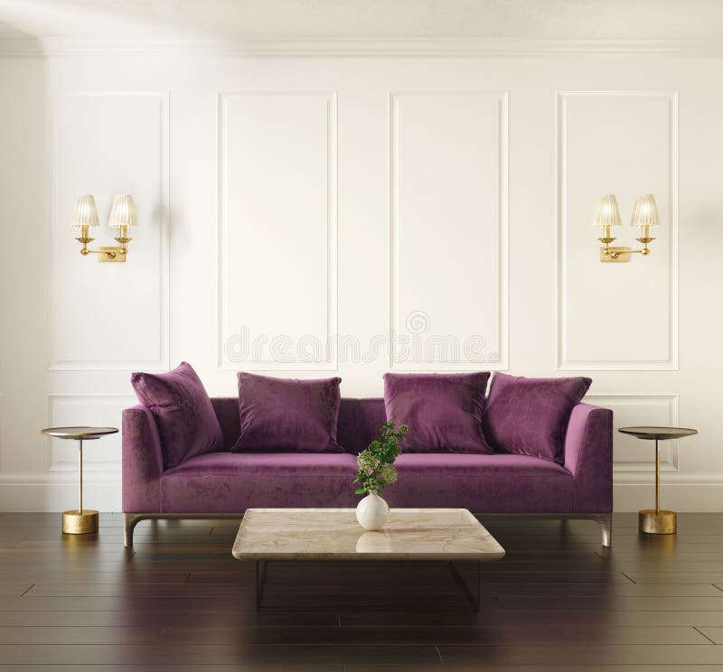 Modern chic classic interior with violet velvet sofa royalty free illustration Modern chic classic interior with violet velvet sofa royalty free illustration