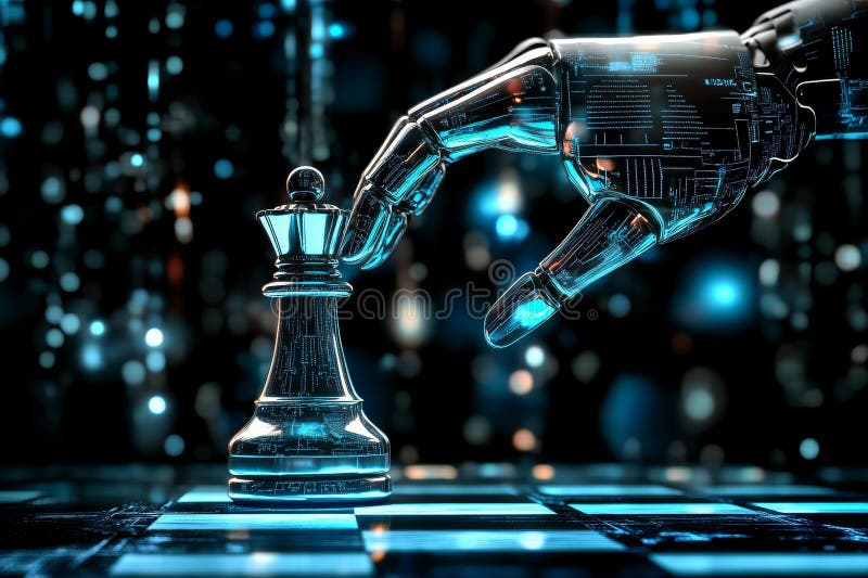 Rendering of a robotic hand and a neon chess king against a blue background royalty free illustration