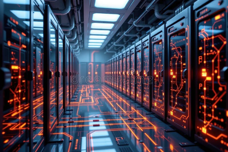 Rendering stilizzato del centro dati ai con unità robotiche e nodi di processore interconnessi royalty illustrazione gratis