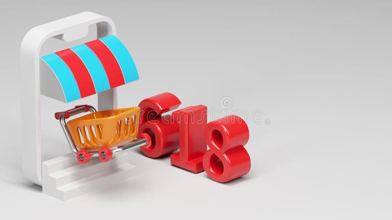 Rendering tridimensionale di un carrello che esce da uno smartphone e dal concetto di shopping online. La colorata rappresentazione in 3d di un carrello che esce da uno smartphone e dal concetto di shopping online