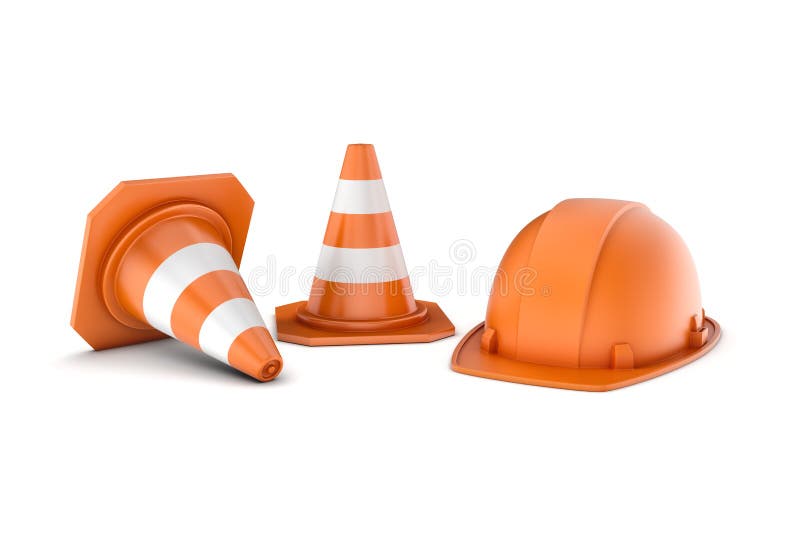 Rendering of two striped road cones and helmet, all isolated on white background.
