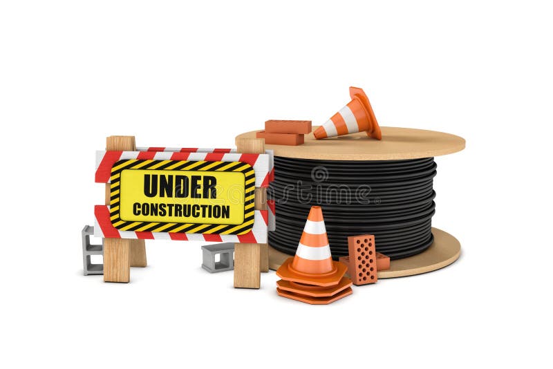 Rendering of wooden barrier with under construction sign, big cable drum and some traffic cones, bricks, concrete blocks royalty free illustration Rendering of wooden barrier with under construction sign, big cable drum and some traffic cones, bricks, concrete blocks royalty free illustration