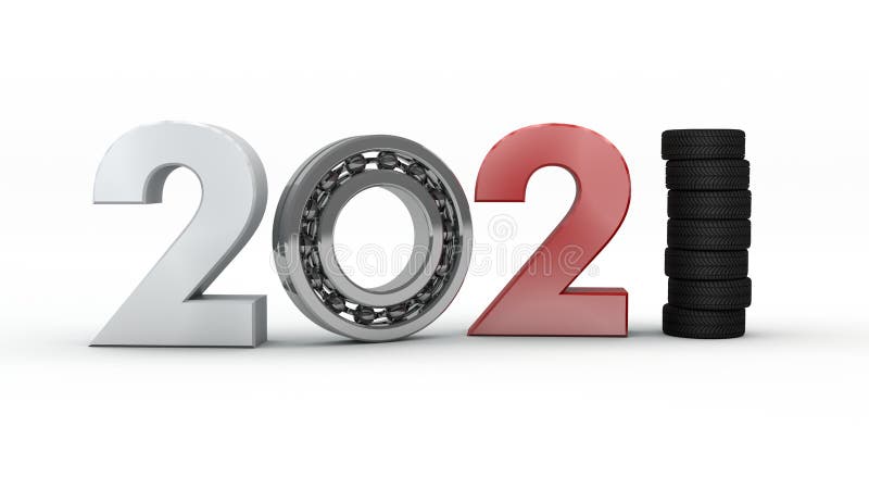 3D rendering of the new year`s date 2021 with a wheel instead of zero and a pack of bearings instead of one. Cars are parked nearby. Isolated on a white background. Calendar image. 3D rendering of the new year`s date 2021 with a wheel instead of zero and a pack of bearings instead of one. Cars are parked nearby. Isolated on a white background. Calendar image