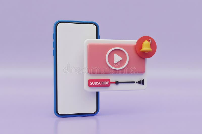 Renderização 3D de um smartphone com leitor de vídeo, botão de subscrever e ícone de notificação ilustração stock