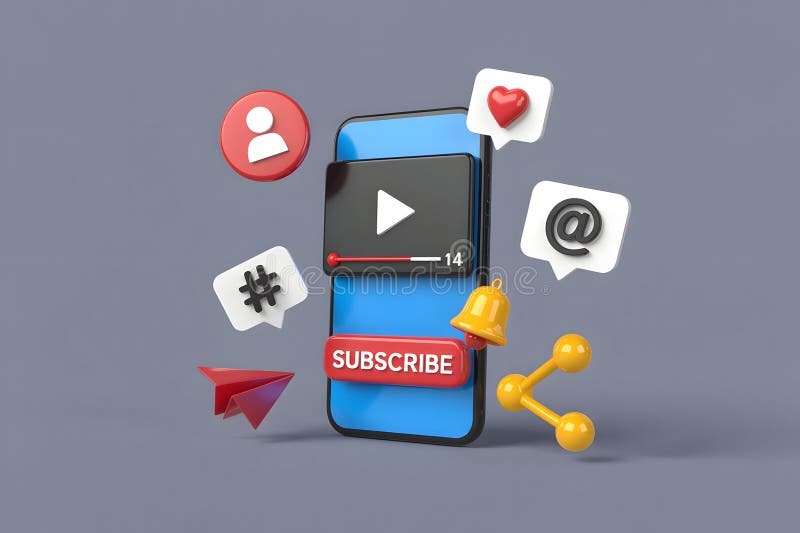 Renderização 3D de um smartphone com ícones de redes sociais e botão de subscrever ilustração royalty free