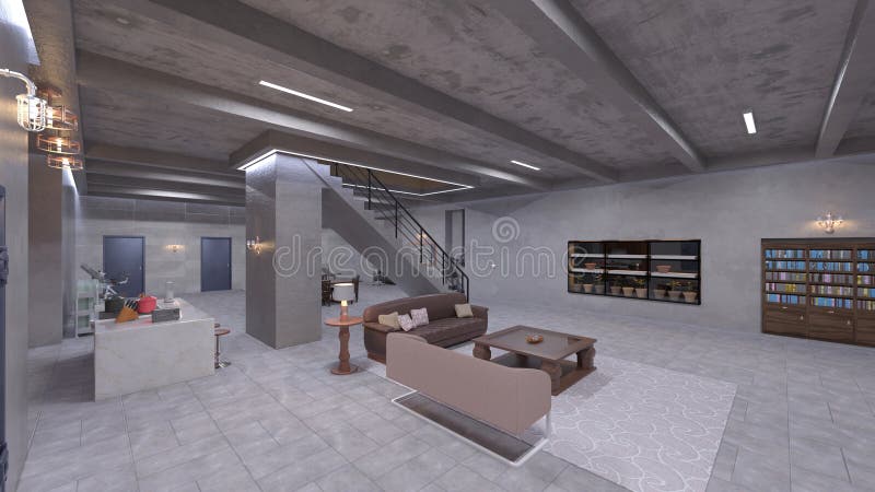 Renderização em 3D do salão de porão ilustração do vetor
