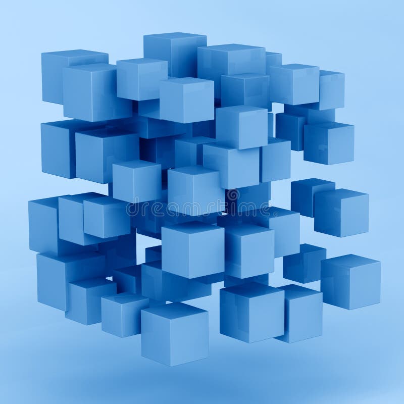 renderização em 3D forma aleatória abstrata de cubos com tonalidade na cor azul clássico da tendência do ano 2020