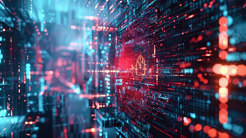 Renderowanie cyfrowe przedstawiające przyszłościową sieć cyberbezpieczeństwa wyposażoną w osłony blokad z napędem lotniczym i węzł obraz stock