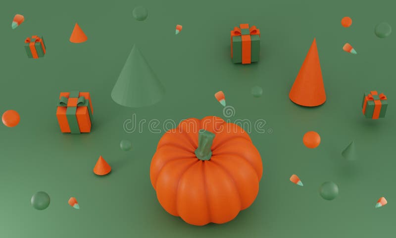 Renderowanie 3d. jesienna kompozycja fantasy. jesienne rysunki dyni i geometryczne kształty 3d ilustracja ilustracji