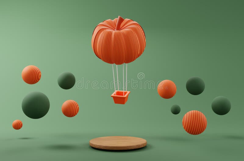 Renderowanie 3d. jesienna kompozycja fantasy. jesienna karykatura dynia na gorącym powietrzu balon 3d ilustracja ilustracja wektor