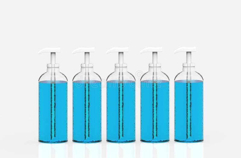 Renderowanie 3d. niebieska dłoń myć alkohol pompka butelka butelka rząd na białym tle. ilustracji