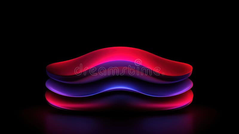 Renderowanie 3D stylizowanego obiektu abstrakcyjnego o kształcie fali zakrzywionej i gradiencie koloru. Obraz przedstawia uderzające odwzorowanie 3D stosu trzech nakładających się kształtów krzywej. Kształt znajdujący się na wierzchu jest czerwony, a kształt środkowy jest niebieski, a kształt dolny jest różowy. Kształty układane są w taki sposób, że nakładają się na siebie tworząc poczucie głębi i wymiaru. Cała scena jest ustawiona na czarnym tle, który akcentuje kolory i kształty renderowania 3D.. Obraz nie zawiera żadnych widocznych tekstów ani dodatkowych obiektów.