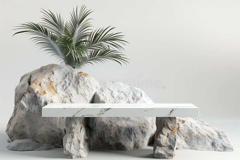Renderowanie marmurowego podium palmą na białym tle royalty ilustracja
