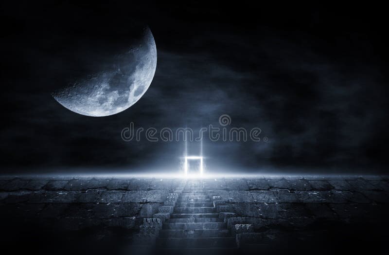 Rendimento 3D Riassunto, concetto, scale per il successo, vecchie scale in cemento, percorso fino alla porta, luce di notte royalty illustrazione gratis
