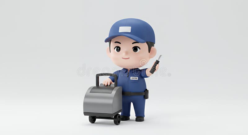 Renditore 3D allegro del driver di consegna Chibi Korean con contenitore pacchetto illustrazione di stock
