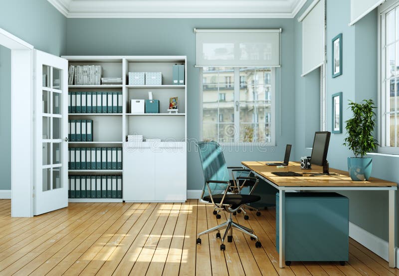 Rendição branca moderna do design de interiores 3d do escritório domiciliário