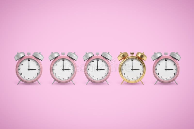 3d rendering of four pink and one golden alarm clocks on pink background. Digital art. Objects and materials. Time and money. 3d rendering of four pink and one golden alarm clocks on pink background. Digital art. Objects and materials. Time and money.