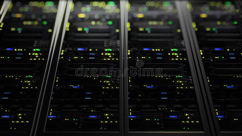 3D rendering of dark modern working data servers with flashing LED lights. Data servers loopable animation. 3D rendering of dark modern working data servers with flashing LED lights. Data servers loopable animation