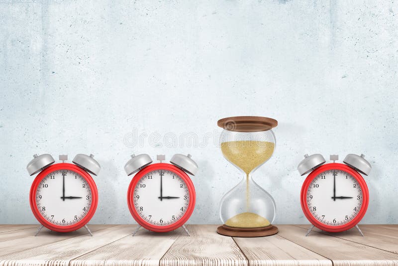 3d rendering of three alarm clocks and one sandglass on white wooden floor with white wall background. Time measuring. Digital art. Time planning. 3d rendering of three alarm clocks and one sandglass on white wooden floor with white wall background. Time measuring. Digital art. Time planning.