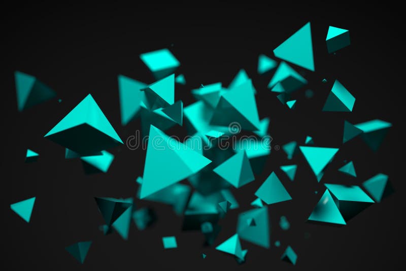 3D Rendering Of Bunch Of Reflective Blue Pyramids On Dark Background Closeup With Shallow Depth Of Field. 3D Rendering Of Bunch Of Reflective Blue Pyramids On Dark Background Closeup With Shallow Depth Of Field