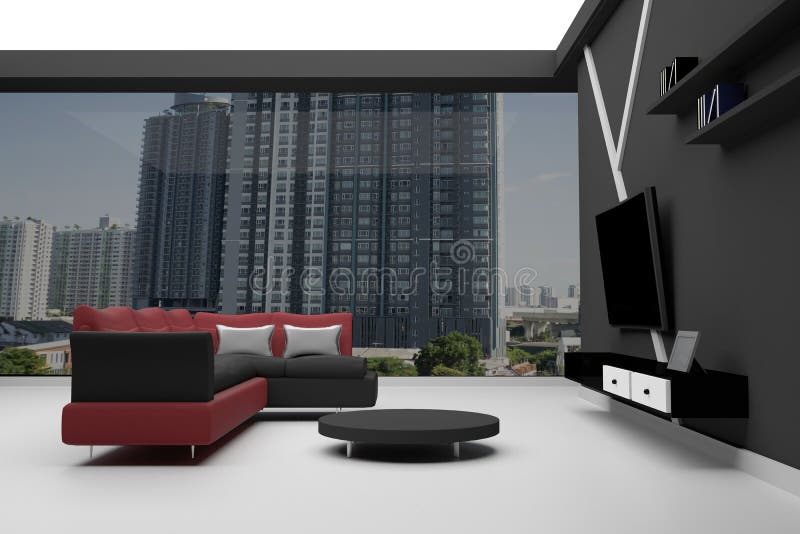 rendição 3D: Interior do sofá secional vermelho e preto alto do condomínio da elevação - com poucas mesa e televisão ilustração do vetor rendição 3D: Interior do sofá secional vermelho e preto alto do condomínio da elevação - com poucas mesa e televisão ilustração do vetor