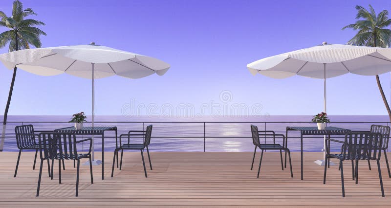 rendição 3d que janta o grupo no terraço de madeira perto do mar no verão com a praia do guarda-chuva na cena crepuscular ilustração do vetor rendição 3d que janta o grupo no terraço de madeira perto do mar no verão com a praia do guarda-chuva na cena crepuscular ilustração do vetor