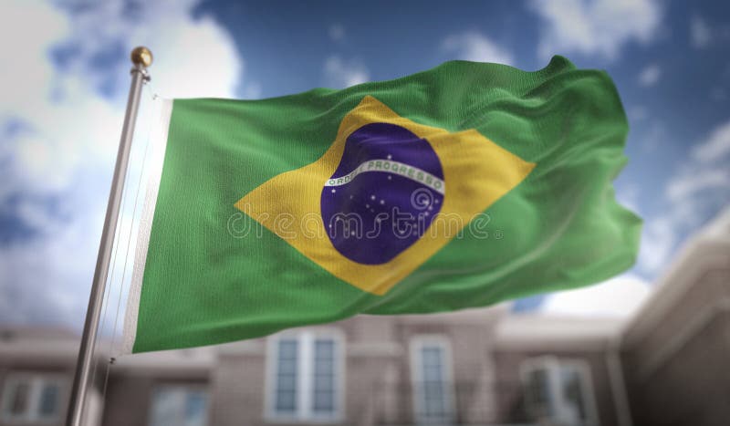 Rendição da bandeira 3D de Brasil no fundo da construção do céu azul