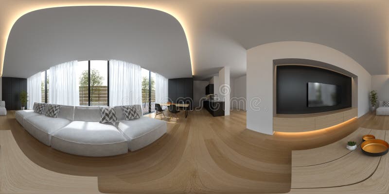 Rendição escandinava do design de interiores 3D do estilo 360 da projeção esférica do panorama ilustração royalty free Rendição escandinava do design de interiores 3D do estilo 360 da projeção esférica do panorama ilustração royalty free