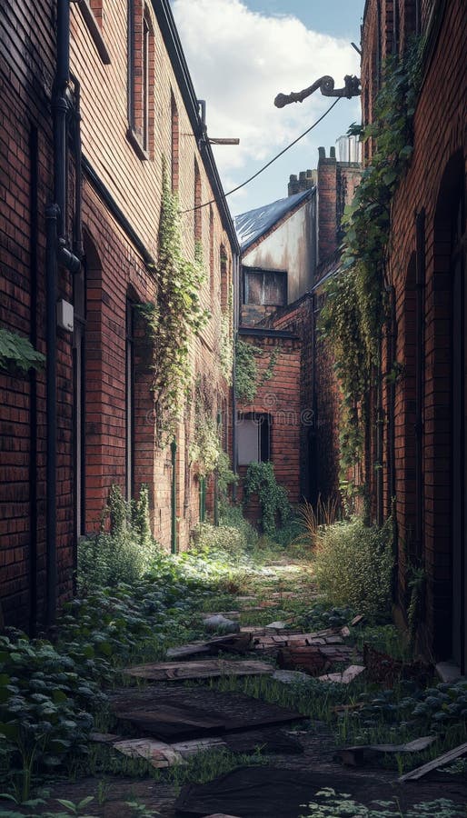 Rendu architectural d'une ruelle négligée à manchester avec maisons en briques rouges et mauvaises herbes illustration de vecteur