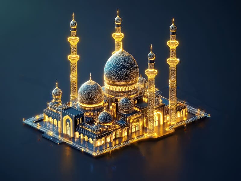 Rendu architectural lumineux d'une mosquée avec des dômes et des minarets sur fond bleu foncé illustration de vecteur